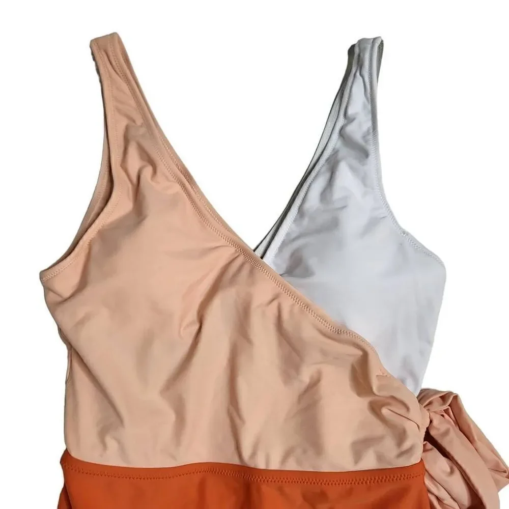 CUPSHE Orange Color Block One Piece Swimsuit Plunging Knotted Monokini Size M
